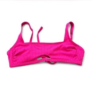 Neon Pink Ribbed Pattern Cut-out Front Bikini Top